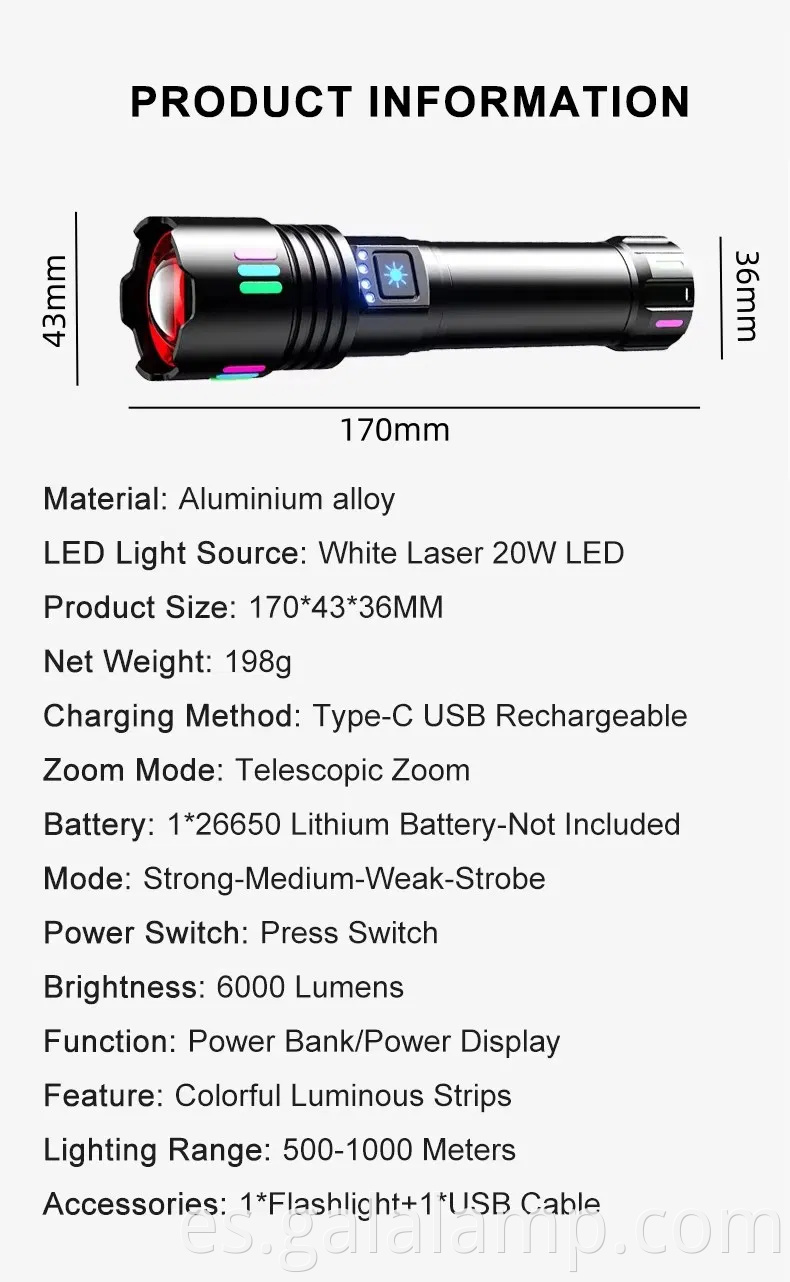 Linterna láser blanca, fuerte iluminación impermeable, carga multifuncional